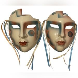 Vintage Clay Art Mardi Gras Porcelain Pierrot Mask Set